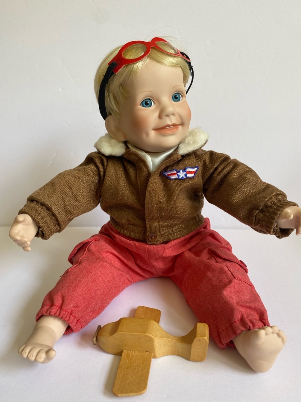 Danbury Mint Tommy the Pilot Doll with Goggles and Wooden Airplane